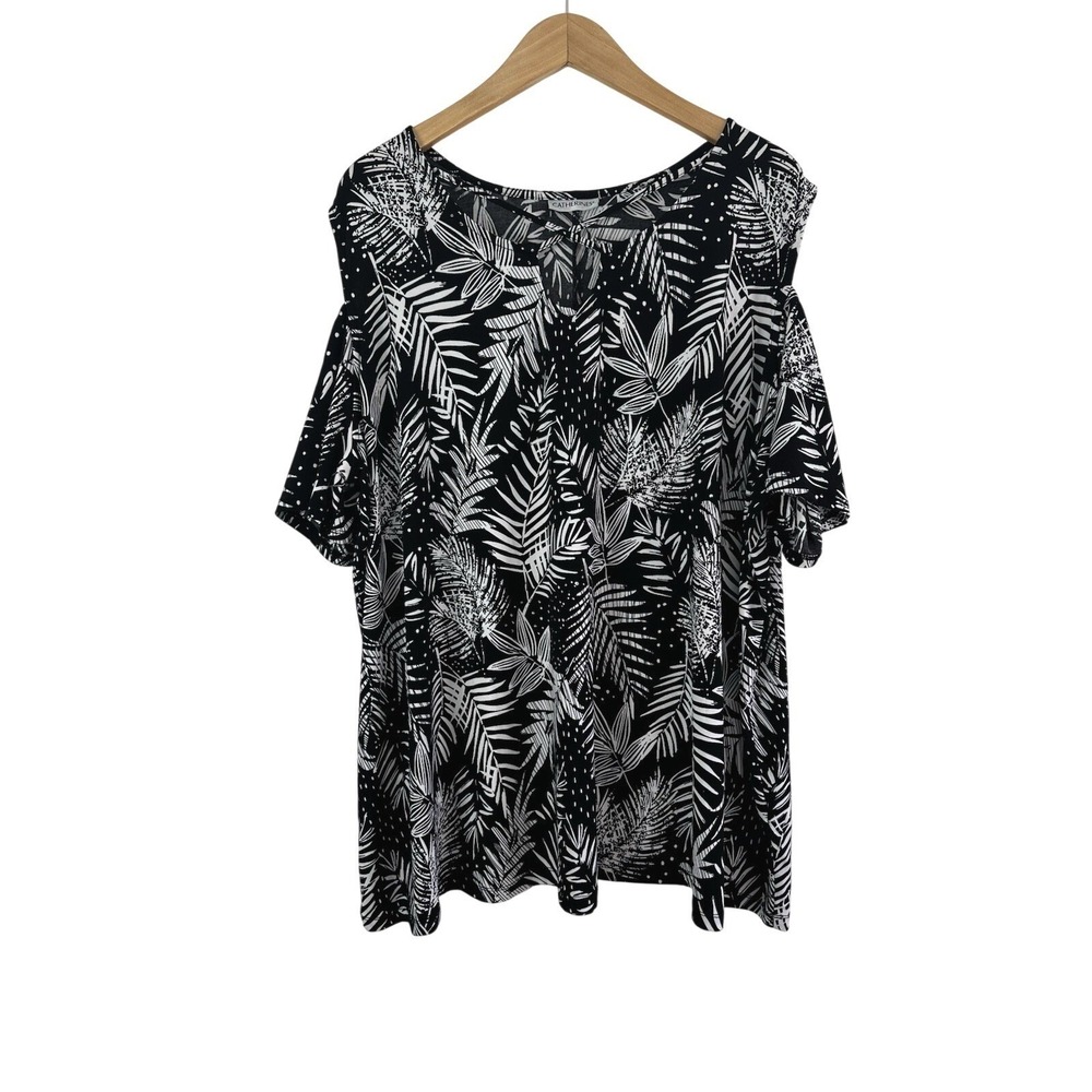 Catherines Tropical Palm Print Blouse Womens 2X Black White Cold Shoulder Resort